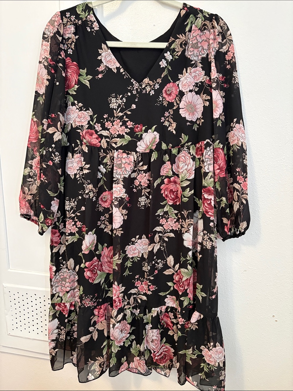 Floral V-Neck Black Pink Long Sleeve Tiered Dress